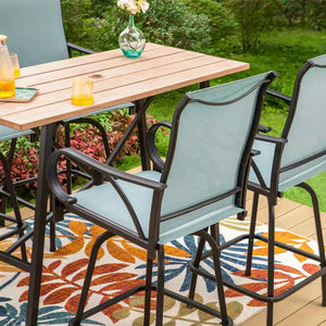 5-Piece Metal Outdoor Patio Bar Height Dining Set with Sling Swivel Chairs and Rectangle Brown Slat Tabletop