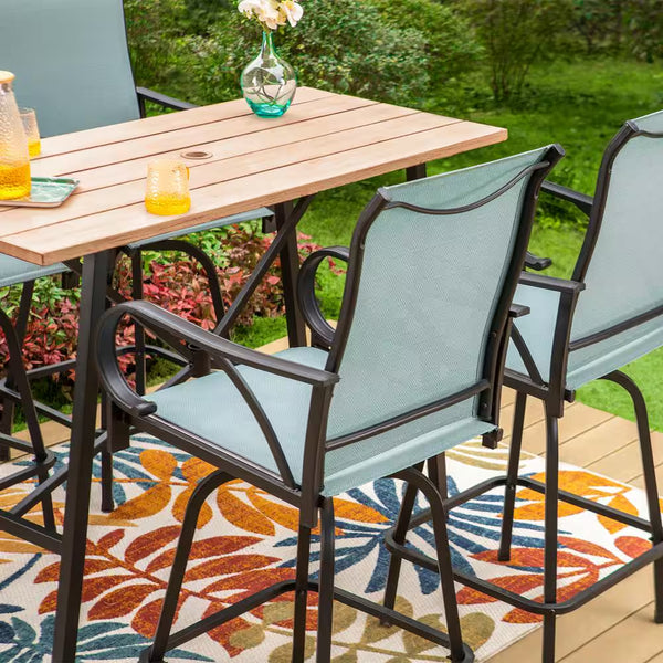 5-Piece Metal Outdoor Patio Bar Height Dining Set with Sling Swivel Chairs and Rectangle Brown Slat Tabletop