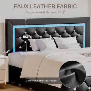 Queen Bed Frame with LED Lights, Upholstered Bed Frame with Storage Drawers, Modern Platform Bed with Diamond Headboard and Foot