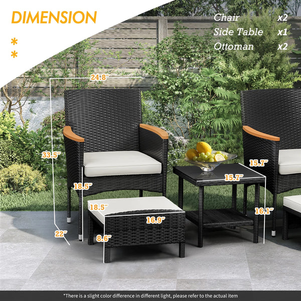 5 Piece Outdoor Patio Furniture Set with Table&Ottoman Outdoor Furniture Patio Set Bistro Wicker Patio Set of 2 Patio Conversation Sets for Porch Balcony Deck(Black Wicker&White Cushion)