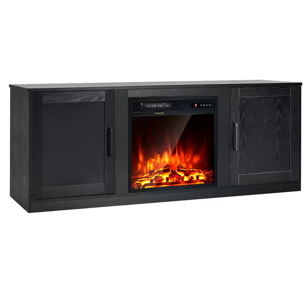 58 In. Freestanding Wood Electric Fireplace TV Stand Entertainment Console with 18'' Electric Fireplace in Black