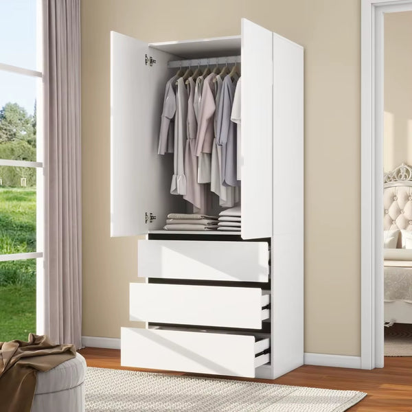 Wooden Wardrobe Closet with 2 Doors: 75" Bedroom Armoire Wardrobe Closet with 3 Drawers, White Cabinet with Hanging Shelves
