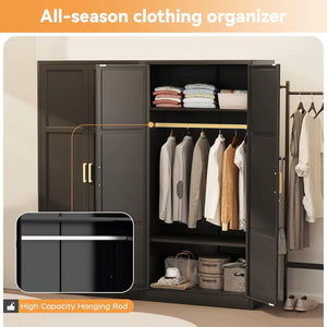 Metal Storage Cabinet with Hanging Rail, Black Armoire Wardrobe Closet with 2 Doors,72" H Storage Closet Cabinets