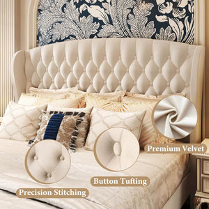 Hisoft Queen Bed Frame, 42" Tall Velvet Upholstered Sleigh Bed with Wingback Headboard & Scrolled Footboard, No Box Spring Neede