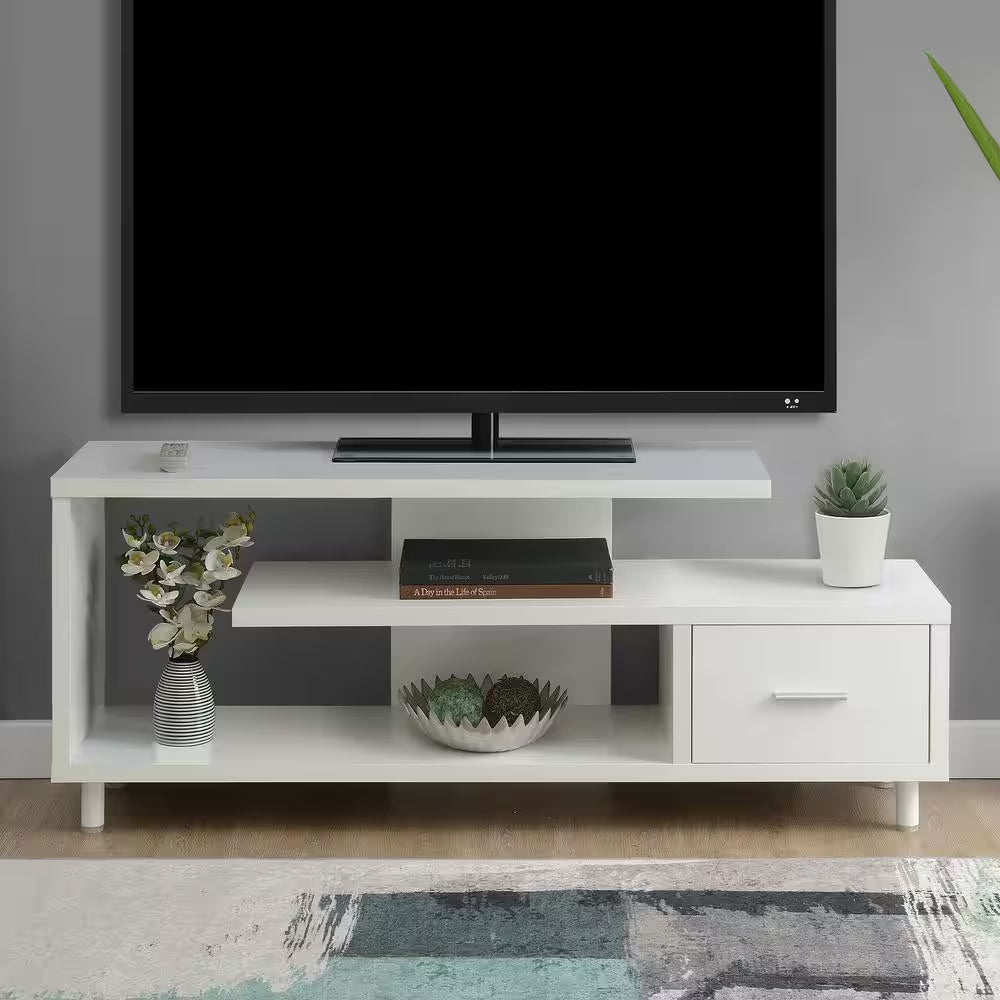Seal II 59 In.White Particle Board TV Stand with 1-Drawer Fits up to 65 In. TV with Shelves