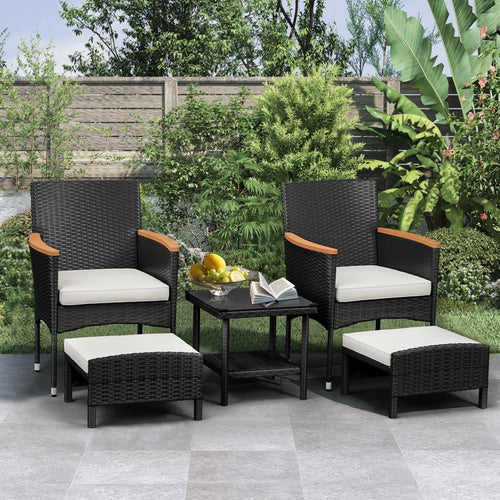 5 Piece Outdoor Patio Furniture Set with Table&Ottoman Outdoor Furniture Patio Set Bistro Wicker Patio Set of 2 Patio Conversation Sets for Porch Balcony Deck(Black Wicker&White Cushion)