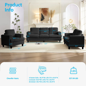 3 Piece Living Room Furniture Sets, Sofa and Loveseat Set with Armchair, Chenille Sectional Couches and Sofas Sets for Apartment/Small Spaces, Dark Gray