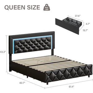 Queen Bed Frame with LED Lights, Upholstered Bed Frame with Storage Drawers, Modern Platform Bed with Diamond Headboard and Foot