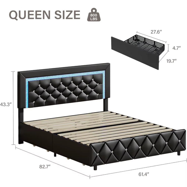 Queen Bed Frame with LED Lights, Upholstered Bed Frame with Storage Drawers, Modern Platform Bed with Diamond Headboard and Foot