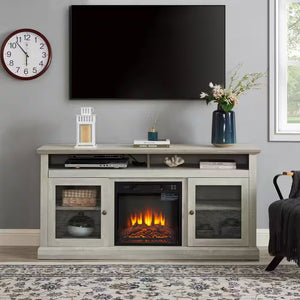 60 In. W TV Stand Entertainment Console for TV up to 65 In. W/ 18 In. Wall Mount Electric Fireplace Insert in Stone Gray