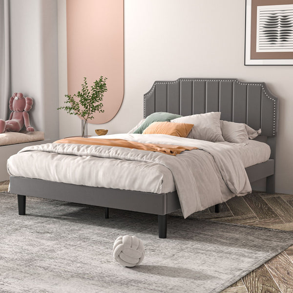 Upholstered Bed Frame Full Queen Platform with Headboard Footboard Wooden Slat