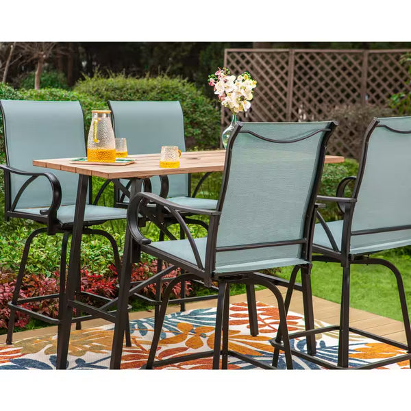 5-Piece Metal Outdoor Patio Bar Height Dining Set with Sling Swivel Chairs and Rectangle Brown Slat Tabletop