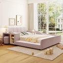 Velvet Upholstered Grounded Bed Platform Bed, Wooden Full Size Mother & Child Bed Frame with Bedside Desk and Little Roun