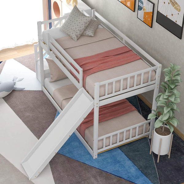 Twin Bunk Bed with Slide, Space Saving Design Bedroom Furniture Wood Twin over Twin Bed Frame with Stairway, Storage and Safety Guard Rail (White)