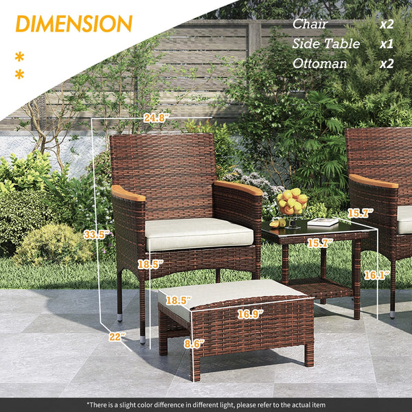 5 Piece Outdoor Patio Furniture Set with Table&Ottoman Outdoor Furniture Patio Set Bistro Wicker Patio Set (Brown Wicker&Khaki Cushion)