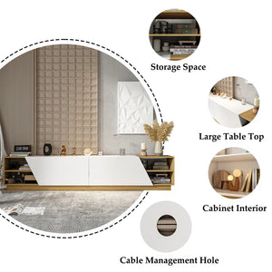 Arelene 94'' W Low-Profile TV Stand with Geometric Doors and Open Shelves, White and Oak Finish