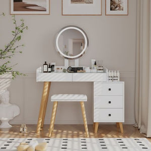 Dressing Table with LED Lights Glass Top Dressing Table with Extendable Side Table 5 Drawers Dressing Table with Mirror and Stool for Bedroom