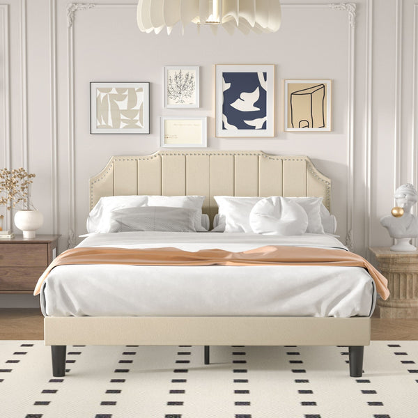 Upholstered Bed Frame Full Queen Platform with Headboard Footboard Wooden Slat