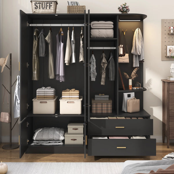 3 Door Armoire Wardrobe Closet with Mirror & Sensor Lights, 70'' Large Wardrobe Armoire with 2 Drawers & Shelves, Modern Wooden Armoire Storage with Hanging Rod for Bedroom, Black