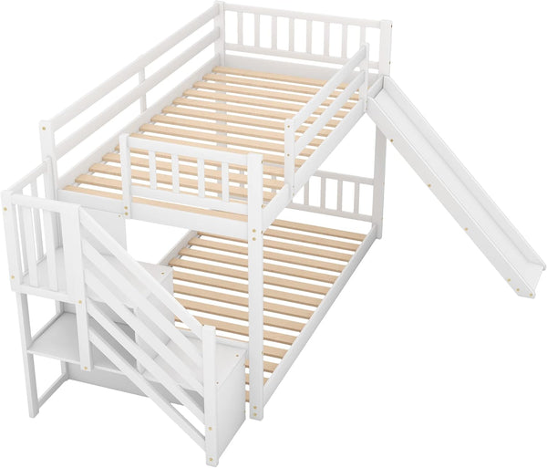 Twin Bunk Bed with Slide, Space Saving Design Bedroom Furniture Wood Twin over Twin Bed Frame with Stairway, Storage and Safety Guard Rail (White)