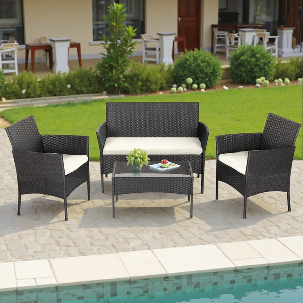 | 4-Piece Patio Furniture Set | Black | Outdoor Wicker Furniture with Coffee Table | Modern Rattan Chairs Conversation Set | Outdoor Seating | Weather-Resistant | for Porch, Garden, Lawn