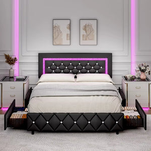 Queen Bed Frame with LED Lights, Upholstered Bed Frame with Storage Drawers, Modern Platform Bed with Diamond Headboard and Foot