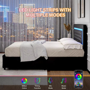 Queen Bed Frame with LED Lights, Upholstered Bed Frame with Storage Drawers, Modern Platform Bed with Diamond Headboard and Foot