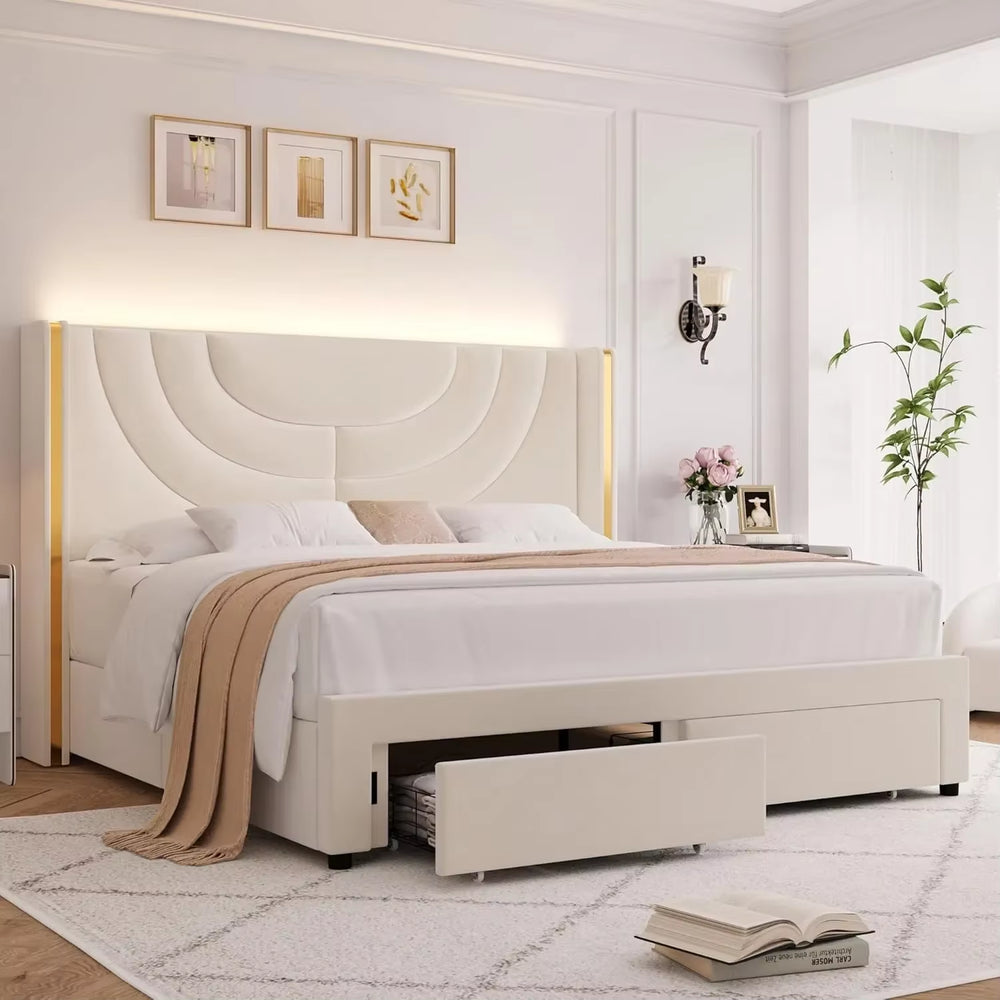 King Size Bed with 2 Storage Drawers, Cushioned LED Bed Frame, Wing Back Headboard, Headboard Splicing Design, Beige Color
