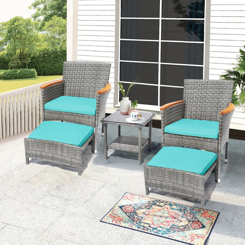 5 Piece Outdoor Patio Furniture Set with Table&Ottoman Outdoor Furniture Patio Set Bistro Wicker Patio Set of 2 Patio Conversation Sets for Porch Balcony Deck(Gray Wicker&Green Cushion)