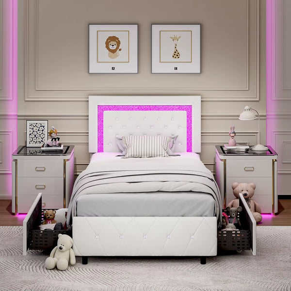 Queen Bed Frame with LED Lights, Upholstered Bed Frame with Storage Drawers, Modern Platform Bed with Diamond Headboard and Foot