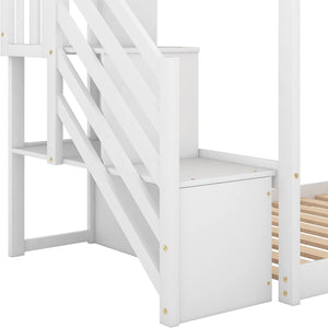 Twin Bunk Bed with Slide, Space Saving Design Bedroom Furniture Wood Twin over Twin Bed Frame with Stairway, Storage and Safety Guard Rail (White)