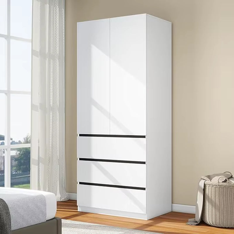 Wooden Wardrobe Closet with 2 Doors: 75" Bedroom Armoire Wardrobe Closet with 3 Drawers, White Cabinet with Hanging Shelves