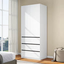 Wooden Wardrobe Closet with 2 Doors: 75" Bedroom Armoire Wardrobe Closet with 3 Drawers, White Cabinet with Hanging Shelves