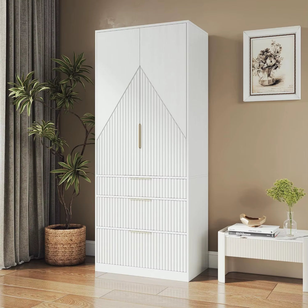 71.7" Wardrobe Armoire Wooden Closet with 2 Doors and 3 Drawers, Bedroom Armoire with Hanging Rod Shelf, Large Capacity Storage