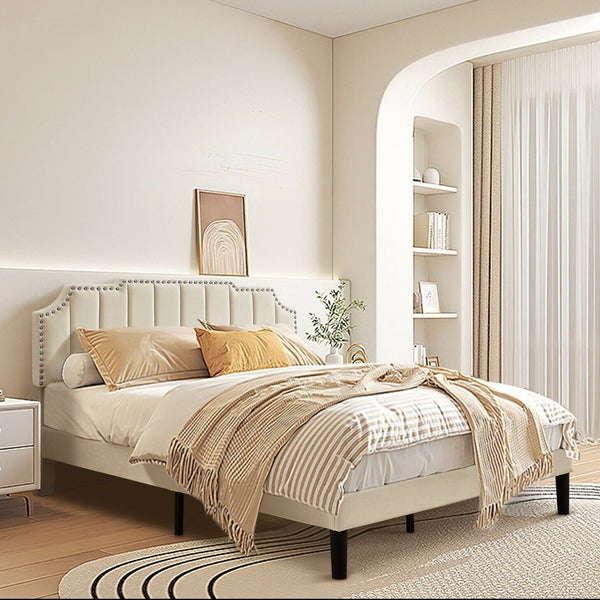 Upholstered Bed Frame Full Queen Platform with Headboard Footboard Wooden Slat
