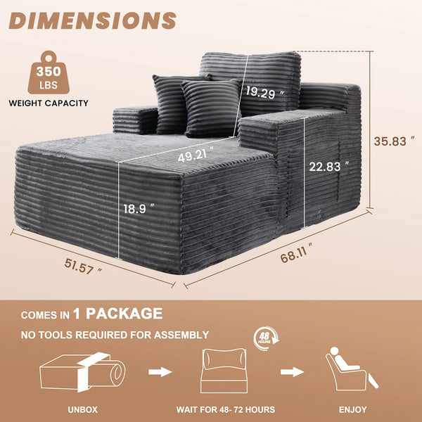 68'' Chaise Lounge Chair Indoor, Oversized Upholstered Sofa Bed with Sleeper Couch Reading Chairs Fluffy Plush Faux Fur Cloud Sofas Couches Living Room, Gray
