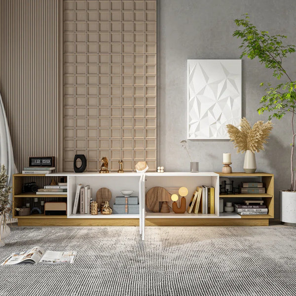 Arelene 94'' W Low-Profile TV Stand with Geometric Doors and Open Shelves, White and Oak Finish