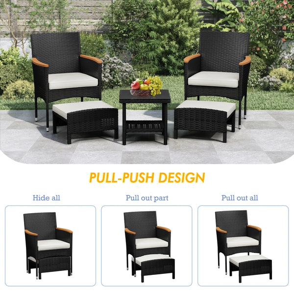 5 Piece Outdoor Patio Furniture Set with Table&Ottoman Outdoor Furniture Patio Set Bistro Wicker Patio Set of 2 Patio Conversation Sets for Porch Balcony Deck(Black Wicker&White Cushion)