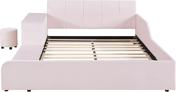 Velvet Upholstered Grounded Bed Platform Bed, Wooden Full Size Mother & Child Bed Frame with Bedside Desk and Little Roun