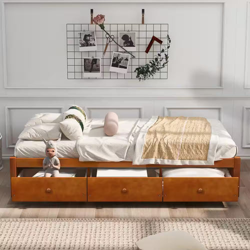 Oak Twin Size Platform Storage Bed with 3 Drawers Storage