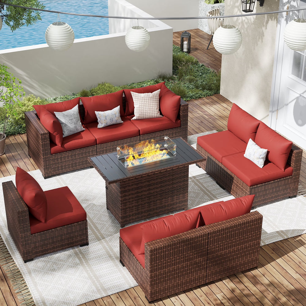 Patio Furniture Set, Outdoor Patio Furniture Wicker Sectional Furniture Couch Set, 9 Pieces Outdoor Sectional Sofa with Fire Pit Table, Outdoor Patio Set for Outdoor Furniture (Burgundy Red)
