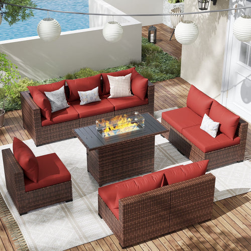 Patio Furniture Set, Outdoor Patio Furniture Wicker Sectional Furniture Couch Set, 9 Pieces Outdoor Sectional Sofa with Fire Pit Table, Outdoor Patio Set for Outdoor Furniture (Burgundy Red)