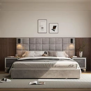 King Platform Bed Frame with Headboard, Elegant Velvet Upholstered Bed with Grid Pattern Padded Headboard, 2 LED Wall Sconces &