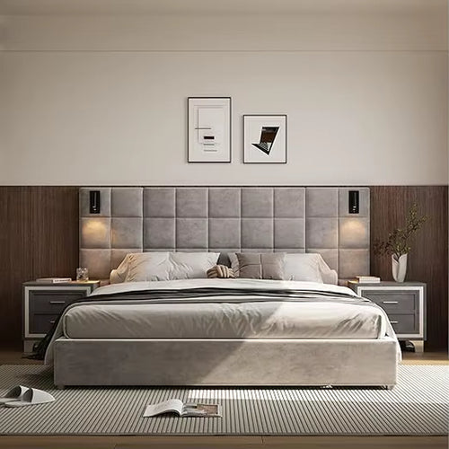 King Platform Bed Frame with Headboard, Elegant Velvet Upholstered Bed with Grid Pattern Padded Headboard, 2 LED Wall Sconces &