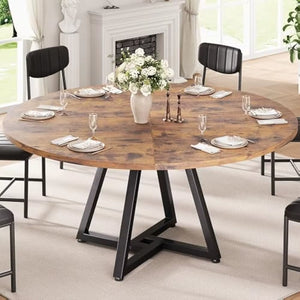 51“ round Kitchen Dining Room Table for 6-8, Circle Dining Dinner Table with Pedestal Metal Frame, Space Saving Wood Furniture