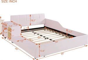 Velvet Upholstered Grounded Bed Platform Bed, Wooden Full Size Mother & Child Bed Frame with Bedside Desk and Little Roun