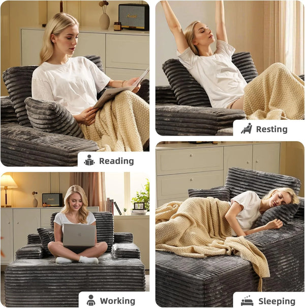 68'' Chaise Lounge Chair Indoor, Oversized Upholstered Sofa Bed with Sleeper Couch Reading Chairs Fluffy Plush Faux Fur Cloud Sofas Couches Living Room, Gray