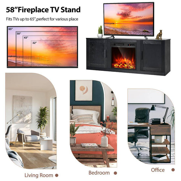 58 In. Freestanding Wood Electric Fireplace TV Stand Entertainment Console with 18'' Electric Fireplace in Black