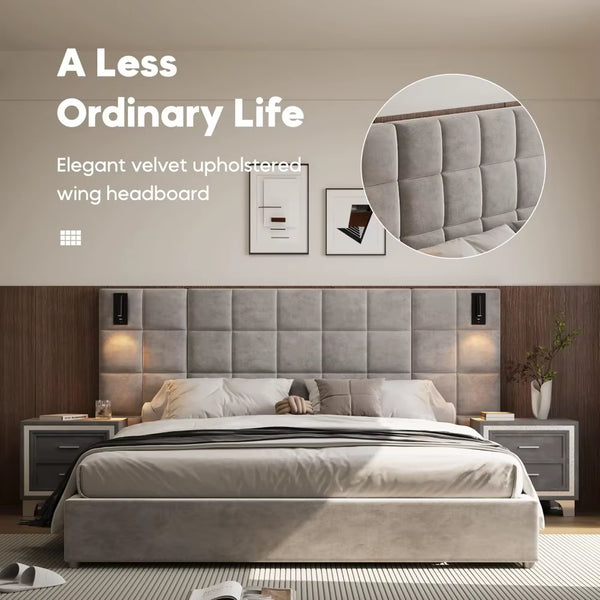 King Platform Bed Frame with Headboard, Elegant Velvet Upholstered Bed with Grid Pattern Padded Headboard, 2 LED Wall Sconces &
