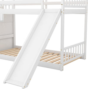 Twin Bunk Bed with Slide, Space Saving Design Bedroom Furniture Wood Twin over Twin Bed Frame with Stairway, Storage and Safety Guard Rail (White)